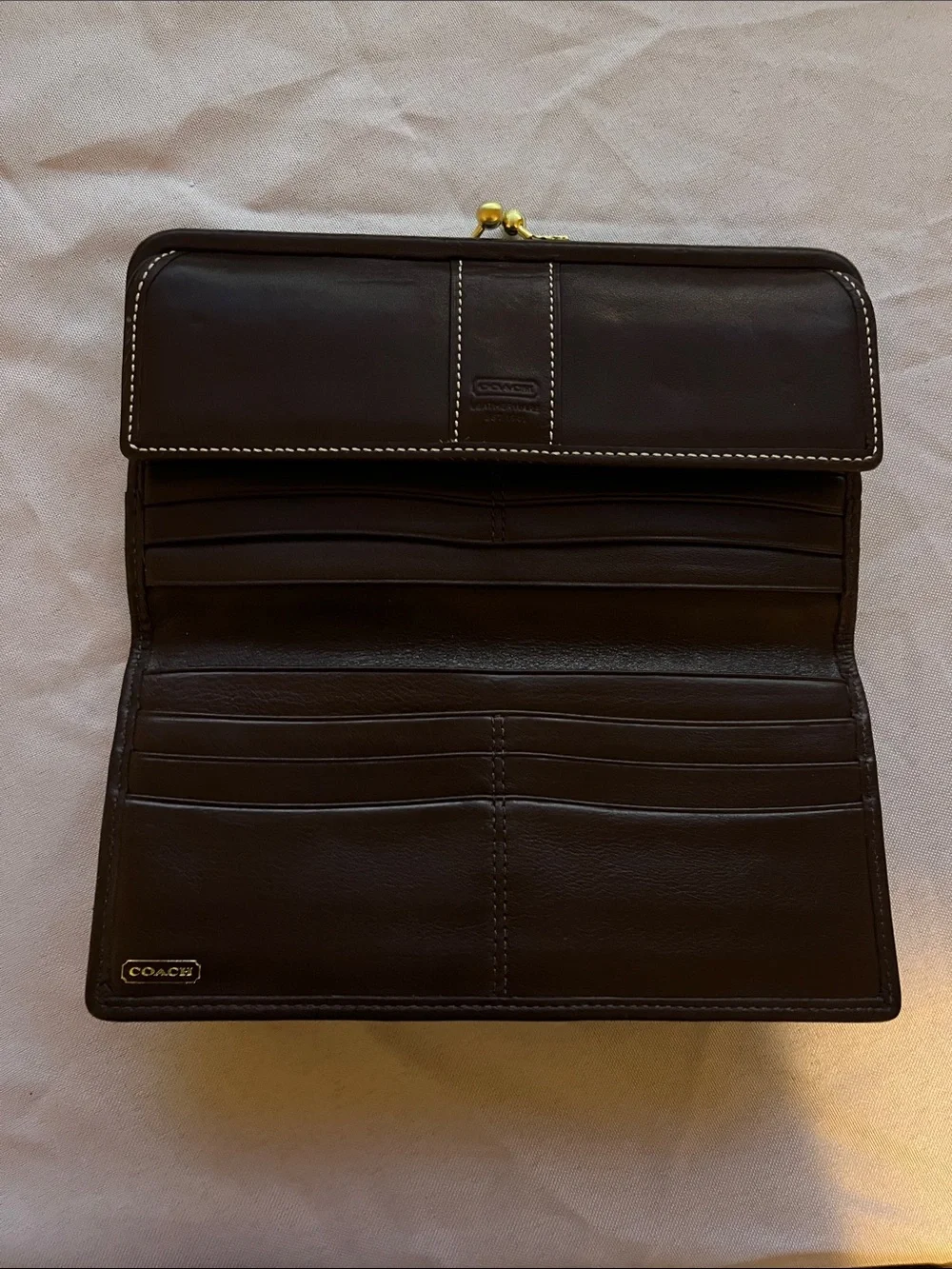 Coach Brown Leather Kiss-Lock Wallet with Contrast Stitching